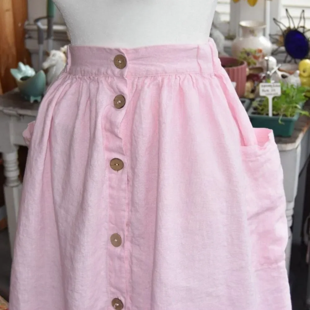 Y2K Does 50s Pink Linen Button Front Midi Skirt Pockets Cottagecore Size S